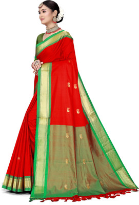 NST5 Woven Paithani Cotton Silk Saree(Red, Green)