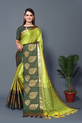 Dhami Woven Banarasi Cotton Silk, Art Silk Saree(Light Green, Green)