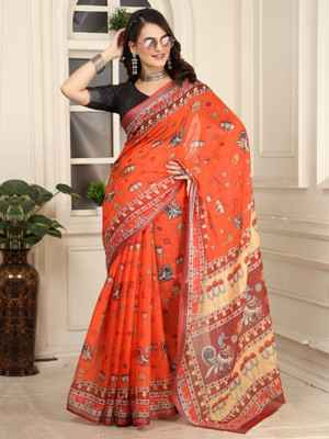 Anouk Rustic Printed Baluchari Cotton Linen Saree(Orange)
