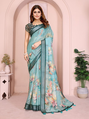 BINAKA FASHION Floral Print Daily Wear Cotton Linen Saree(Light Blue)