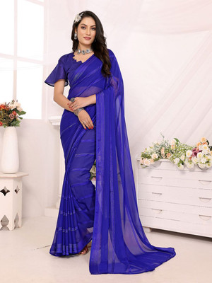 Moda Rapido Striped, Self Design Daily Wear Satin Saree(Blue)