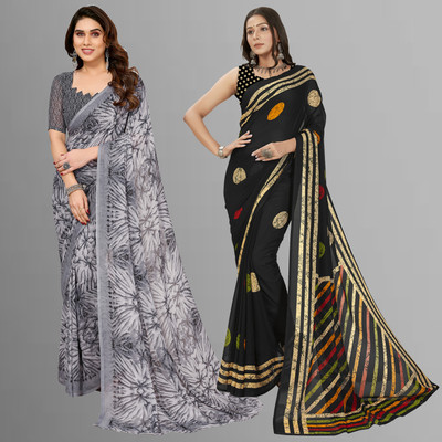 kashvi sarees Printed Bollywood Georgette Saree(Pack of 2, Black, Grey)