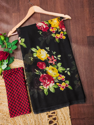 Anand Sarees Floral Print Daily Wear Georgette Saree(Black, Red)