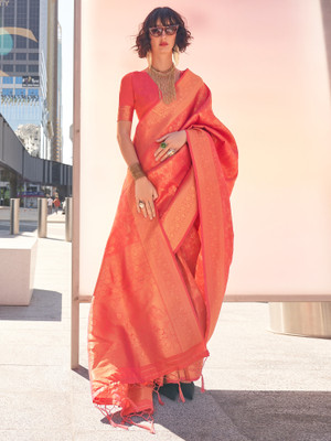 Sareemall Woven Kanjivaram Silk Blend Saree(Orange)