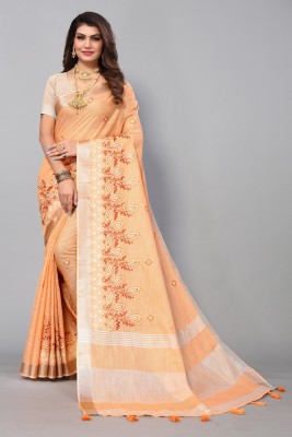 ALAGINI Woven Lucknow Chikankari Cotton Linen, Pure Cotton Saree(Orange)