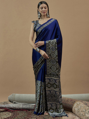 Tasrika Printed Hand Batik Crepe Saree(Blue)