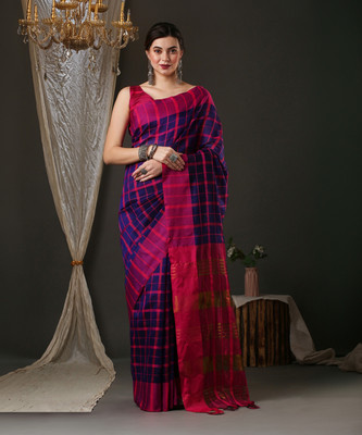 Divastri Checkered Tant Art Silk Saree(Dark Blue)
