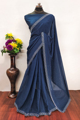 GEETABA FASHION Solid/Plain Bollywood Georgette Saree(Dark Blue)