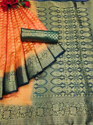 Divastri Woven Banarasi Cotton Silk Saree(Orange, Green)