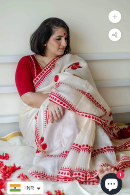 Sia Saree Bazaar Printed Handloom Cotton Blend Saree(White)