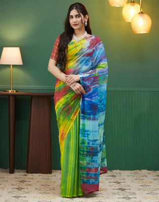 Satrani Digital Print, Printed Daily Wear Georgette Saree(Yellow, Green)