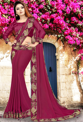 Anugrah Textile Solid/Plain Banarasi Lycra Blend, Chiffon Saree(Pink)