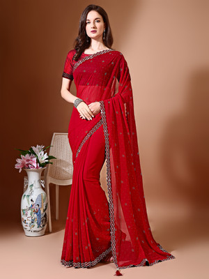 VIBHAGYAA Embellished Bollywood Chiffon Saree(Red)