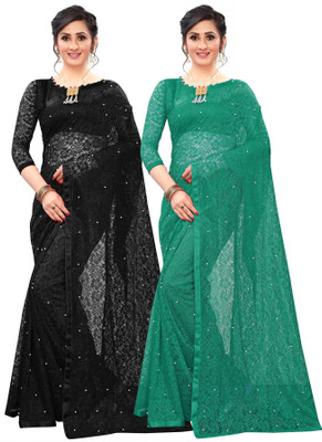 LOROFY Self Design Bollywood Net Saree(Pack of 2, Dark Green, Black)