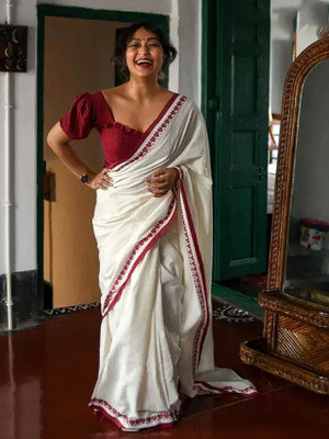 CommonHouseee Solid/Plain, Printed Handloom Cotton Silk Saree(White)
