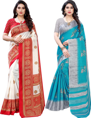 Grubstaker Printed, Geometric Print, Floral Print Kanjivaram Cotton Silk Saree(Pack of 2, White, Blue)
