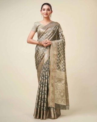 Divastri Floral Print Kanjivaram Organza Saree(Grey)