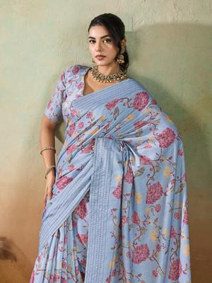 Pbs Prints Printed Bollywood Tussar Silk Saree(Blue)