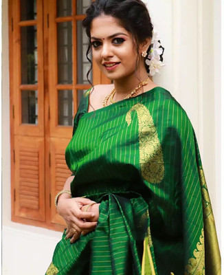 Rudr Venture Self Design Banarasi Cotton Silk Saree(Green)