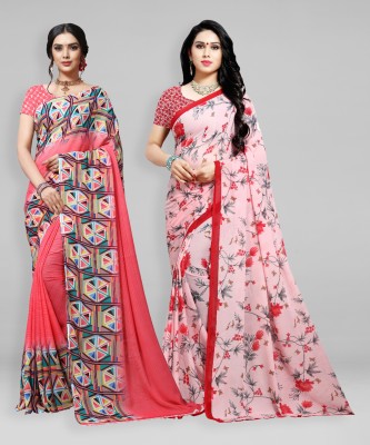 kashvi sarees Printed Daily Wear Georgette Saree(Pack of 2, Red, Pink)