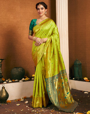 Divastri Woven, Embellished Paithani Silk Blend, Jacquard Saree(Green)