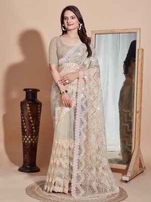 Vivera Embroidered Bollywood Net Saree(Cream)