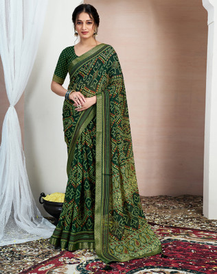 Divastri Printed, Embellished Bandhani Chiffon, Georgette Saree(Green)