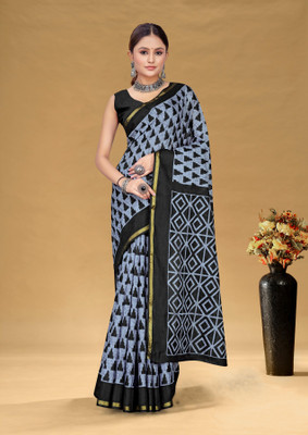 Divastri Blocked Printed, Printed Chanderi Cotton Blend Saree(Grey, Black)