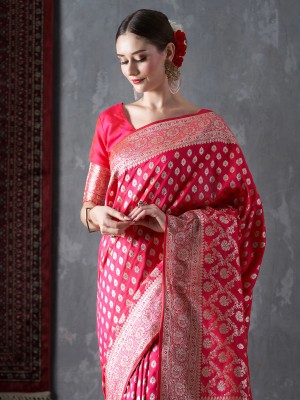 Sareemall Woven Kanjivaram Silk Blend Saree(Pink)