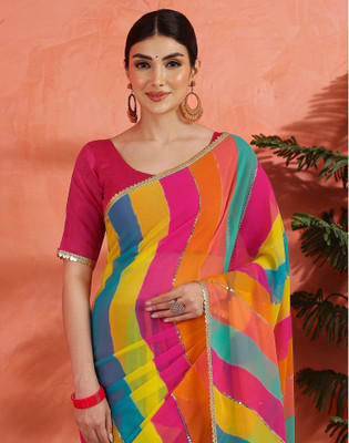 Satrani Printed, Embellished Leheria Georgette, Chiffon Saree(Multicolor)