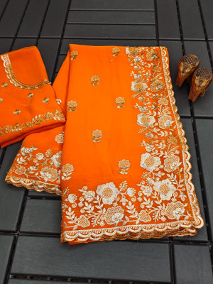 Mikhushop Embroidered Bollywood Georgette Saree(Gold)