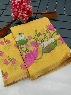 HouseOfCommon Printed Kanjivaram Pure Cotton, Cotton Linen Saree(Yellow)