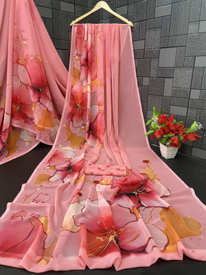 Jumki Fashion Floral Print, Printed Daily Wear Georgette Saree(Red)