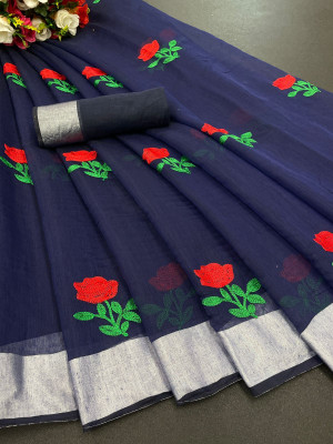 KRIVITY Embroidered Chanderi Cotton Linen Saree(Dark Blue)