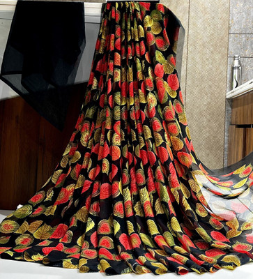Bombey Velvat Fab Printed Kasavu Chiffon, Georgette Saree(Black)