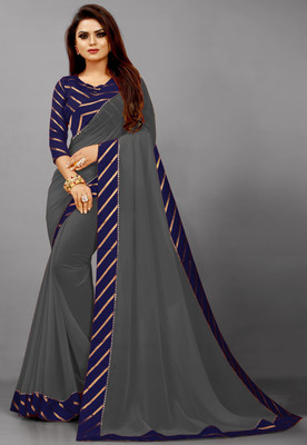 Rashiklal & Co. Solid/Plain Bollywood Georgette Saree(Dark Blue, Grey)