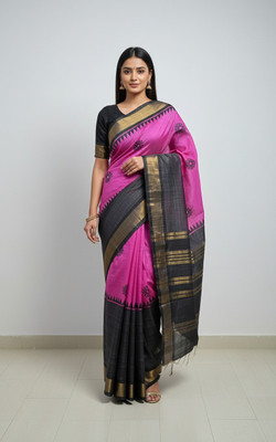 Fabloom Floral Print, Printed, Solid/Plain Handloom Tussar Silk Saree(Pink)