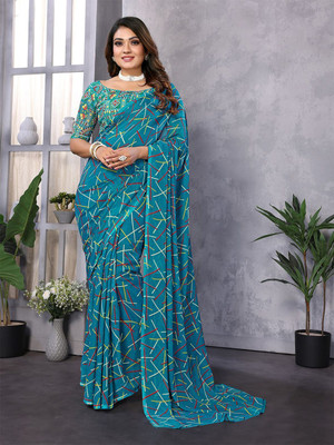 Moda Rapido Printed, Self Design Daily Wear Georgette Saree(Blue)