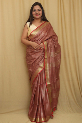 Hatha Karagha Checkered Bhagalpuri Cotton Linen Saree(Brown)