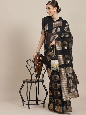 Anouk Rustic Woven Banarasi Cotton Blend Saree(Black)