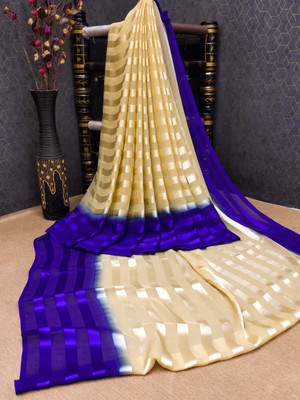 kashvi sarees Ombre, Striped, Self Design Bollywood Satin Saree(Beige, Blue)