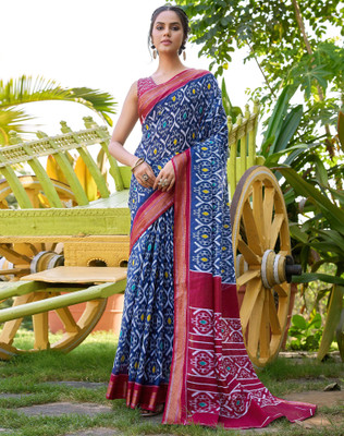 Tasrika Blocked Printed, Printed Daily Wear Pure Cotton Saree(Dark Blue, Pink, Multicolor)