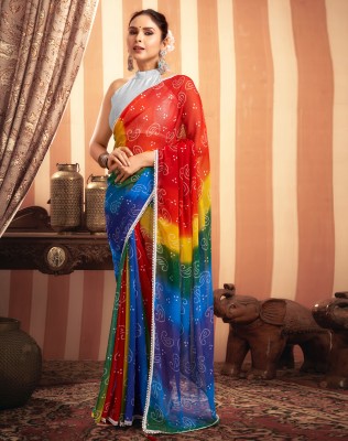 SIRIL Printed, Embellished Bandhani Georgette Saree(Red, Dark Blue, Multicolor)