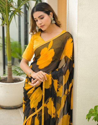 Samah Floral Print, Geometric Print, Printed Daily Wear Chiffon, Georgette Saree(Black, Yellow)