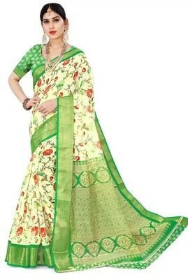 Grubstaker Printed Bandhani Cotton Blend Saree(White, Green)