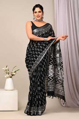 Rovim Blocked Printed Daily Wear Cotton Linen Saree(Black)