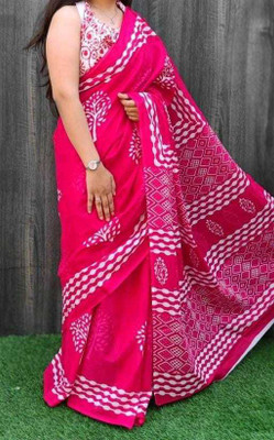 DASTKARPRINT Printed, Color Block, Blocked Printed, Floral Print, Dyed Daily Wear Pure Cotton Saree(Pink)