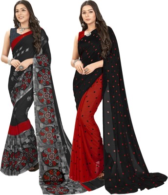 kashvi sarees Printed Bollywood Georgette Saree(Pack of 2, Multicolor, Red, Black)