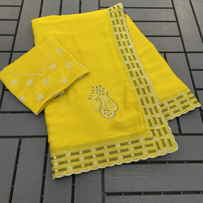 VarniRaaj Fashion Embellished, Applique Bollywood Pure Silk Saree(Yellow)