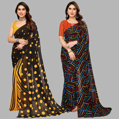 kashvi sarees Self Design, Printed Daily Wear Georgette Saree(Pack of 2, Black, Yellow, Multicolor)